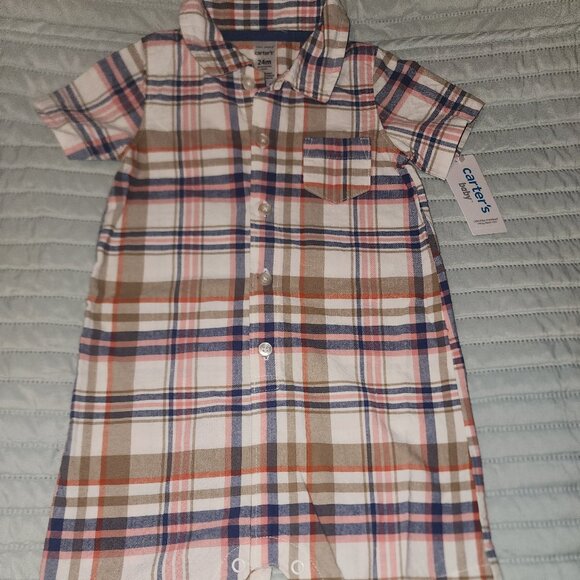 NWT~CARTER'S~TWO Boys Collared Short Sleeve Short Rompers~24m - Picture 4 of 5